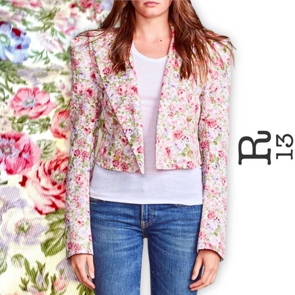 R13 NWT Pink Floral Square Shoulder Double-Breasted Cropped Blazer Rare HTF S - Picture 1 of 14